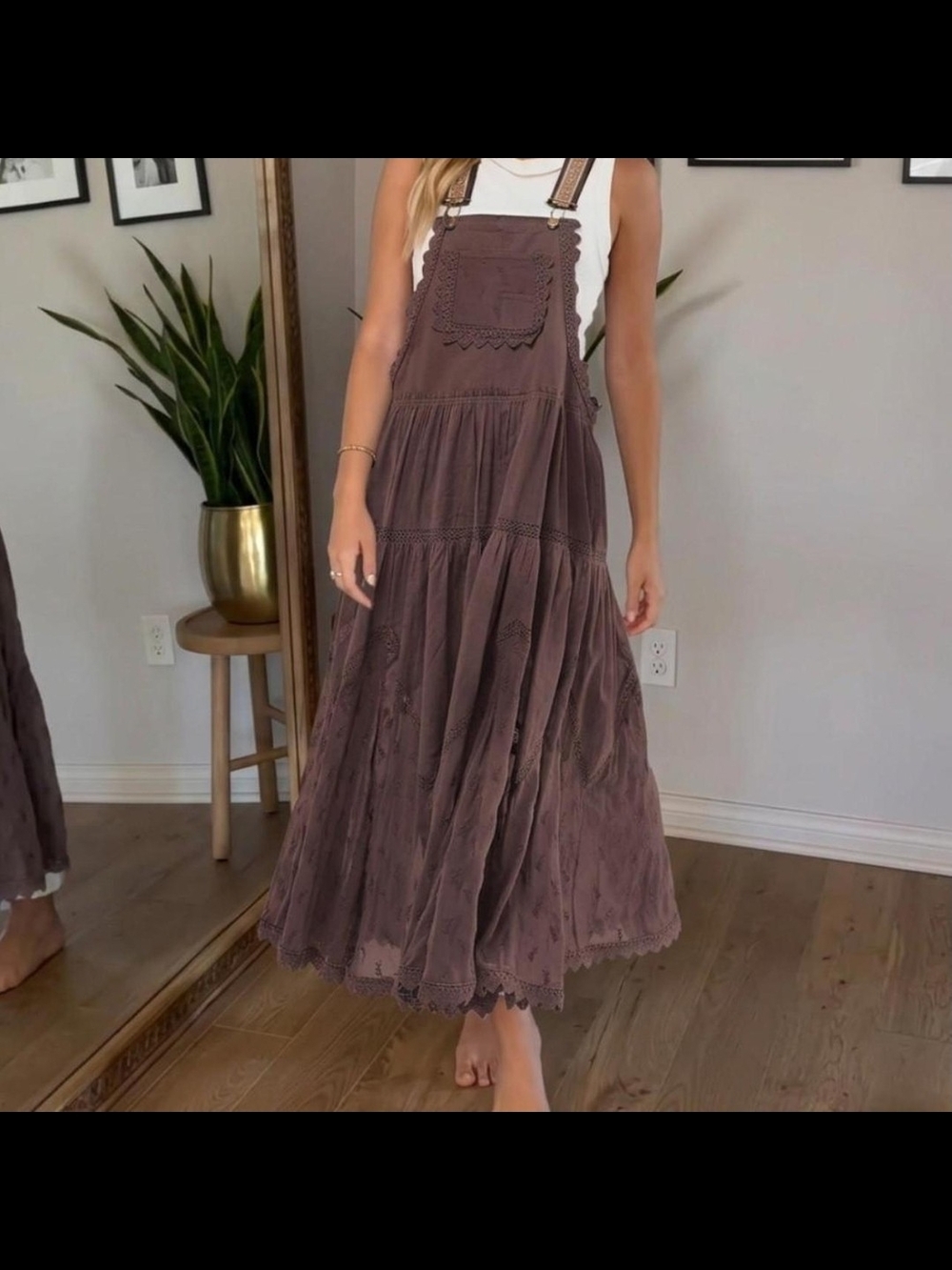 Boho Tiered Midi Pinafore Dress in Dusty Mauve